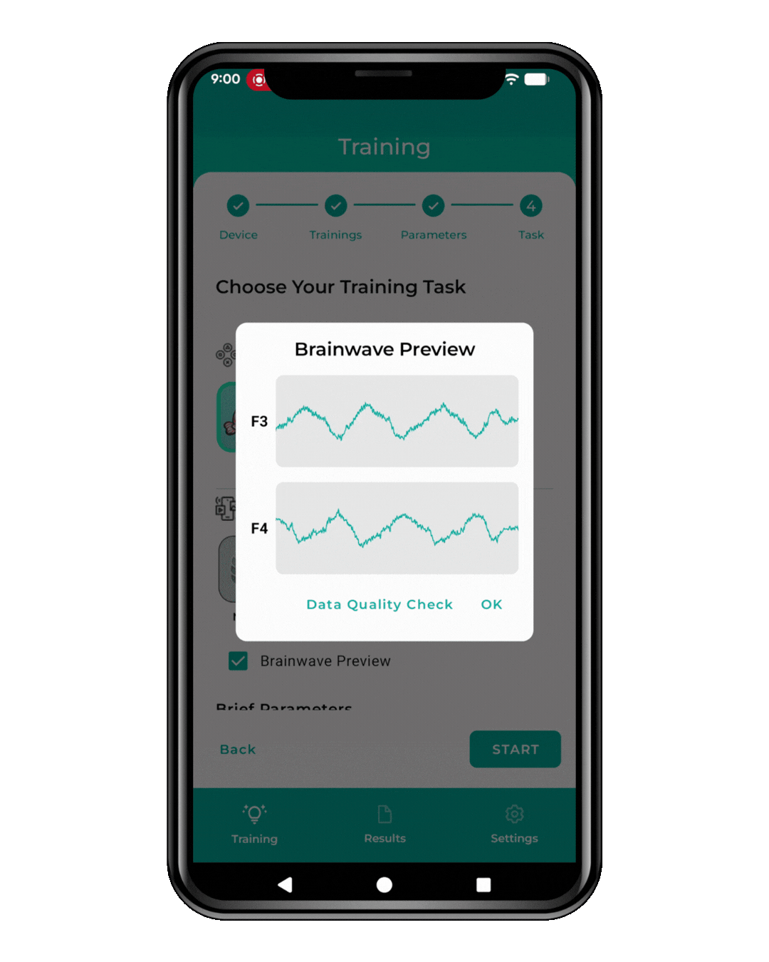 BrainGoMo mobile EEG app showing training session and brainwave preview